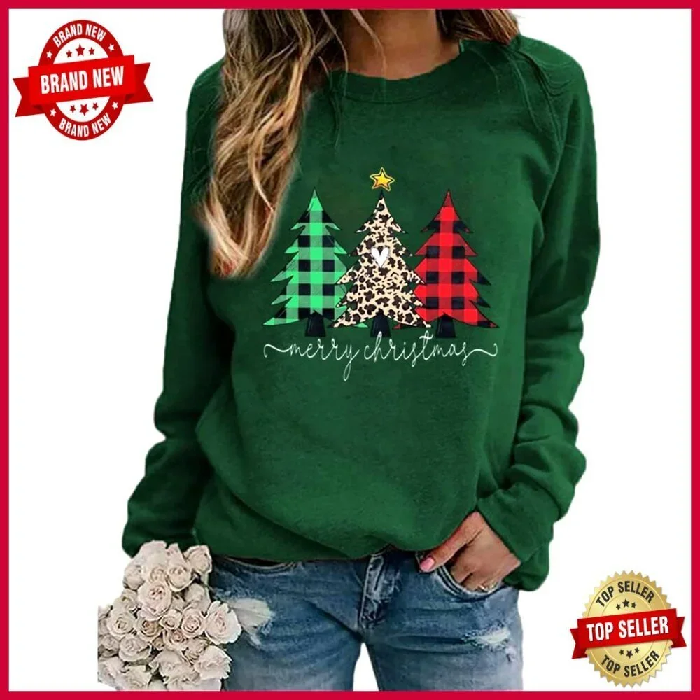 Leopard Christmas Tree Graphic Sweatshirt Long Sleeve Crew Neck Holiday Tops